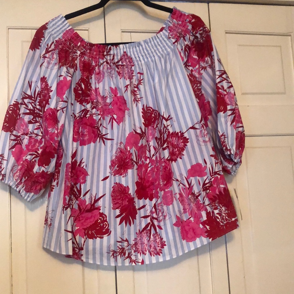 NWT Pink Floral Feminine meets Pinstripes off shoulder top SZ L R1